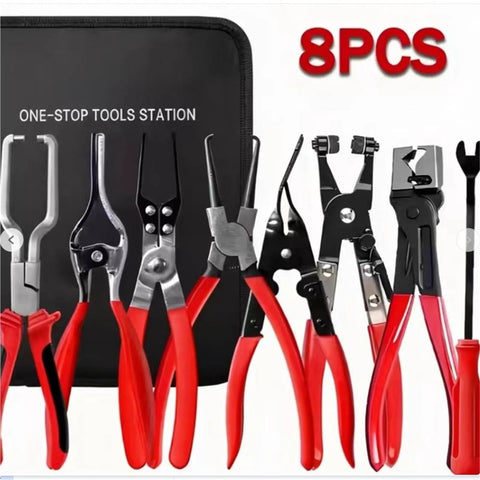 Heavy Duty Hose Clamp Pliers Kit With Thickened Jaws And Gloves Squeeze Straight Auto Clamps On Water Pipes Fuel Tubing Like A Boss Without Slipping, 8-piece tool set
