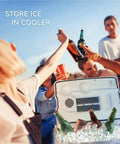 Top Shelf Quick Chill Portable Countertop Ice Maker knocking out nine cubes in six minutes with bottles in cooler.