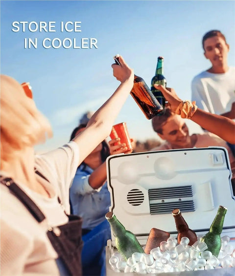 Top Shelf Quick Chill Portable Countertop Ice Maker knocking out nine cubes in six minutes with bottles in cooler.