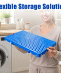 Person holding Lightweight Nestable Plastic Pallet Grid Pad For Floor Storage In Balcony Garage And Basement Rooms With Ventilated Open Mesh Surface 11.8 x 23.6 x 1.18 Inches Four Pack Durable Water Resistant