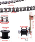 Beefed Up 420 Chain With 102 Links And Heavy Duty Chain Roller Tensioner Kit showing dimensions and components for 50cc to 140cc bikes.
