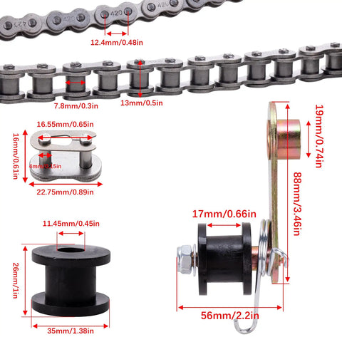 Beefed Up 420 Chain With 102 Links And Heavy Duty Chain Roller Tensioner Kit showing dimensions and components for 50cc to 140cc bikes.
