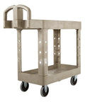 Heavy Duty Two Shelf Utility Cart With Lipped Shelves And Ergonomic Handle, 500 Lb Capacity, Beige workhorse on wheels