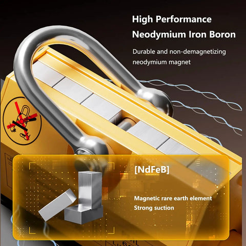 Heavy Duty Magnetic Lifter Industrial Neodymium Hoist Magnet 6600 Pound Steel Handler showing strong neodymium iron boron construction.