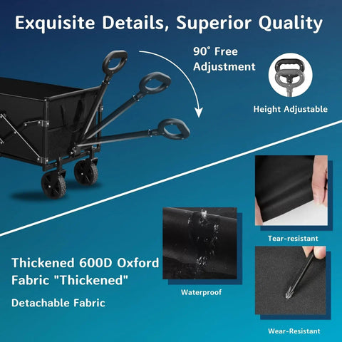 Grab And Go Heavy Duty Collapsible Folding Wagon with 65L Capacity showing 600D Oxford fabric, handles, and steel frame details