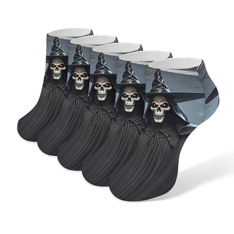 Death Scythe Ankle Socks With Moisture Wicking Tech Breathable Low Cut Hosiery featuring reaper design, set of five pairs
