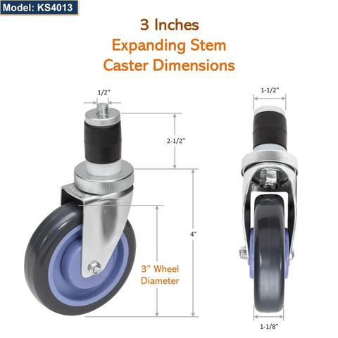 Heavy Duty 3 Inch Swivel Caster Wheels With Adjustable Expanding Stem 1160 Lbs Capacity showing dimensions and structure.