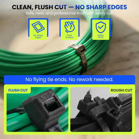 Ergonomic Cable Tie Gun For Heavy Duty Zip Ties Featuring Adjustable Tension Control with flush cut technology and green wires.