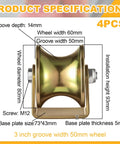 Product specifications for 4 Pack 3 Inch U Groove Caster Wheels Forged From Heavy 45 Pound Steel Brackets Rated 1763 Lbs Each.