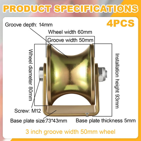 Product specifications for 4 Pack 3 Inch U Groove Caster Wheels Forged From Heavy 45 Pound Steel Brackets Rated 1763 Lbs Each.