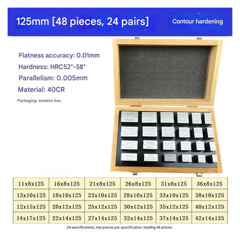 No Nonsense Professional Grade Heavy Duty Alloy Steel Parallel Gauge Blocks 24 Pair Set in wooden box, 125mm sizes