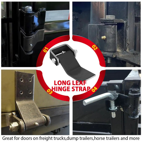 Heavy Duty Steel Dump Trailer Hinges With Strap Style Leaf Design shown in close-ups for reliable door and gate installation.