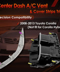 Front view of center A/C dash vent with gray left/right trim strips and black outlet module for 2008–2013 Corolla.