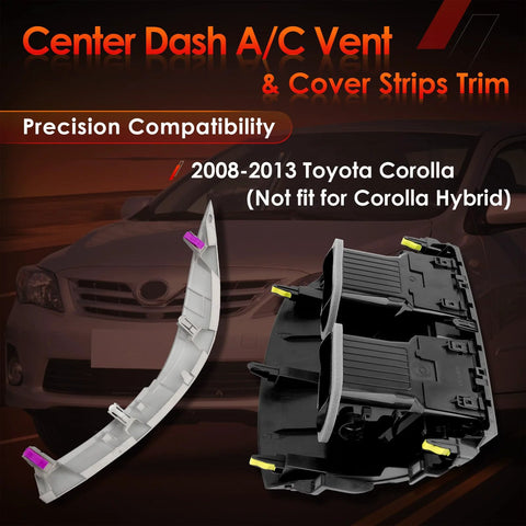 Front view of center A/C dash vent with gray left/right trim strips and black outlet module for 2008–2013 Corolla.