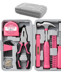 Mini Compact Pink 24 Piece Household Tool Kit With Soft Grip Handles And Slick Carry Case showing tools inside, including hammer, pliers, tape measure.