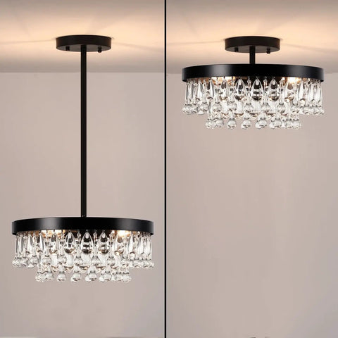 Vintage Black Crystal Drops Close-To-Ceiling Round Tiered Chandelier Flush Mount For Bedroom Kitchen Hallway Dimmable 3-Light 120W E12 Lighting Fixture Large 15 Dia Modern Farmhouse Style Dope Look showing side view.