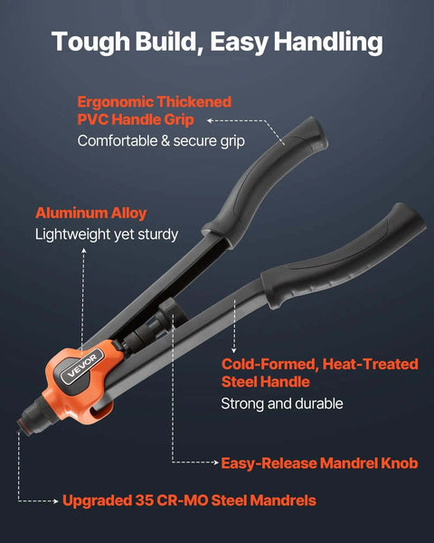 Heavy Duty Rivet Nut Tool Kit With 13 Mandrels And 130 Nuts For M3 To M12 Sae Sizes Plus Metric Fasteners A Solid All In One Set Perfect For Auto Repair, Metalworking Projects And DIY Fixes Under The Hood. aluminum alloy and steel handles with PVC grip