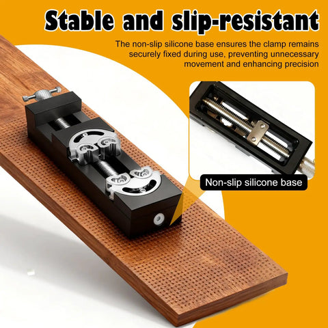 Compact Handy Vise Clamp for DIY Projects and Crafts on wooden surface, showing non-slip silicone base and dual-jaw design