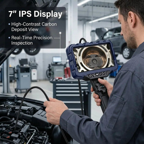 Mechanic using 3.9mm Two Way Articulating Borescope With 7 Inch IPS Screen 1080P Endoscope Camera in automotive inspection