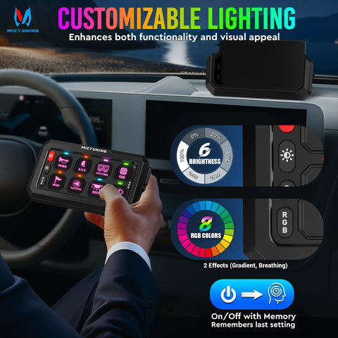 User holding Eight Gang Wireless Switch Panel For Off Road Vehicles with customizable lighting features and RGB settings.