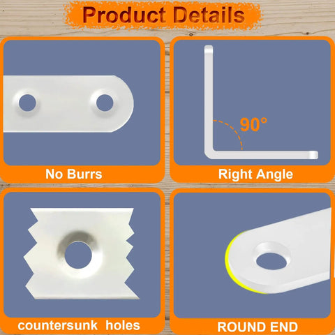 Product details showing 8 Pcs White L Bracket Corner Mounts 2 By 2 Inch features, including countersunk holes and right angles.