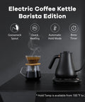 Gooseneck Electric Kettle With One Degree Fahrenheit Precision Temperature Control 100 To 212 F 1200W Fast Heat Up 0.8L Auto Shut Off For Coffee Tea And Formula Barista Edition kettle, matte black finish, displayed on a table beside a glass coffee dripper.