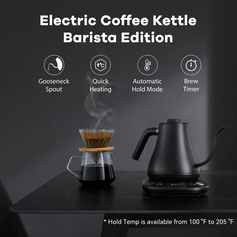 Gooseneck Electric Kettle With One Degree Fahrenheit Precision Temperature Control 100 To 212 F 1200W Fast Heat Up 0.8L Auto Shut Off For Coffee Tea And Formula Barista Edition kettle, matte black finish, displayed on a table beside a glass coffee dripper.