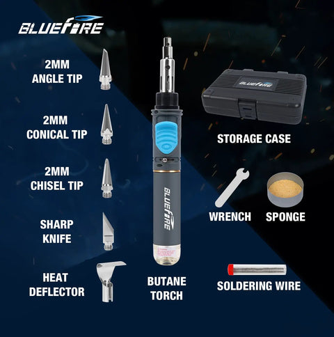 Cordless Butane Soldering Iron Kit For Electronics Jewelry Welding And Brazing Portable Mini Torch With Self Ignition Flame Control Lightweight Fast Heat Up On The Go And 9 Piece Accessory Set shown with tips, wrench, sponge, and soldering wire.