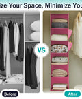 Before and after comparison with Hanging Closet Organizer With Bamboo Inserts And MDF Tops Pink Space Saving Shelves For Clothes And Accessories Ultra Durable Nonwoven Fabric Easy Access Wardrobe Storage For Quick Neat Organization