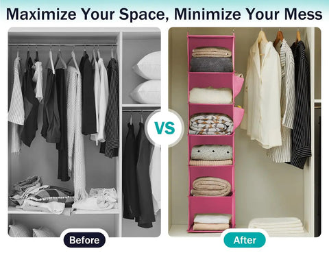 Before and after comparison with Hanging Closet Organizer With Bamboo Inserts And MDF Tops Pink Space Saving Shelves For Clothes And Accessories Ultra Durable Nonwoven Fabric Easy Access Wardrobe Storage For Quick Neat Organization