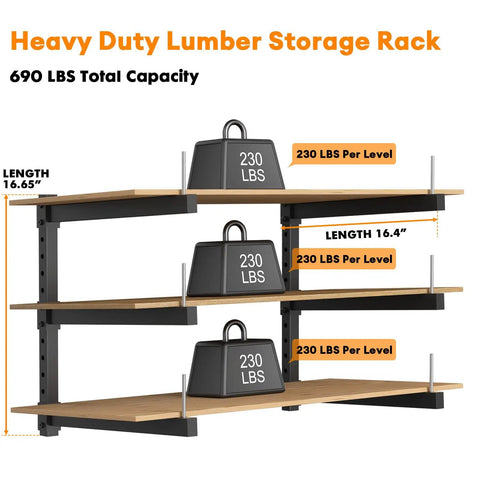 Image of Heavy Duty Lumber Storage Rack Wall Mount With Steel Shelves And Wall Organizer For Garage Shed Workshop Indoor Outdoor Use Supports Up To 690 Lbs Total Load, showing three levels with weight indicators.