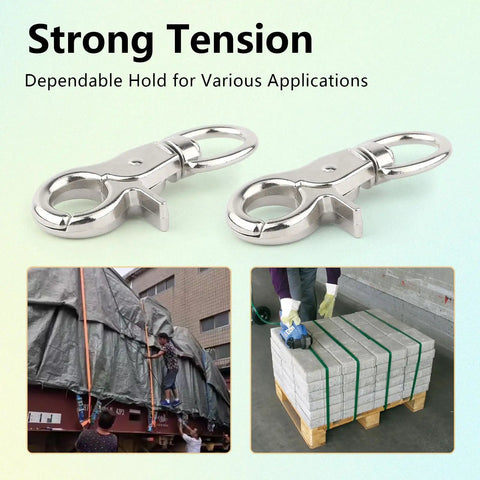 Heavy Duty Marine Grade Stainless Steel Trigger Snap Hooks, 2 Pack, Swivel Quick Release Lobster Clasps shown with strong applications