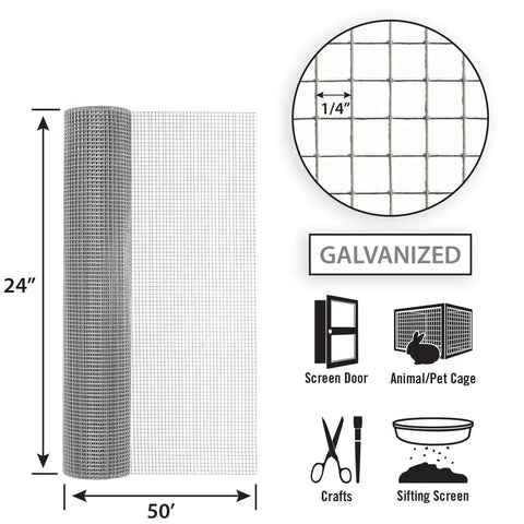 24 Inch By 50 Feet 23 Gauge Galvanized Hardware Cloth With Quarter Inch Openings shown in roll form with mesh detail and uses