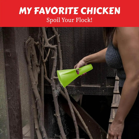 Person using Chicken Powder Duster With Puff Food Grade Dusting Dispenser in green to apply powder in coop.