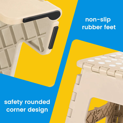 Close-up of Lightweight 9 Inch Foldable Step Stool showing non-slip rubber feet and safety rounded corners, Khaki.