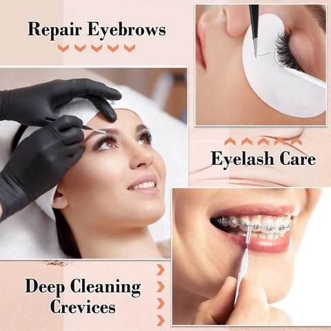 Woman receiving professional salon care with 120 Pack Mini Eyebrow Brushes With Caps For Brow Lamination And Lash Extensions.