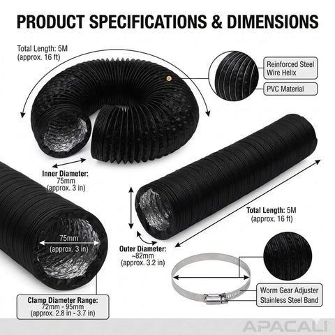 Heavy Duty 3 Inch Flexible PVC Ducting Hose 16.4 Ft Black Dryer Vent With Two Clamps For Heating, Cooling, Ventilation And Exhaust, 75mm Inner Diameter Built To Last No-Collapse Design with product specifications and dimensions displayed.
