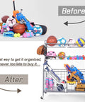 "Before and After of Heavy Duty Ball Organizer For Garage And Home Gym With Baseball Bat Holder And 3 Hooks 2 Large Bins And 4 Mesh Baskets"