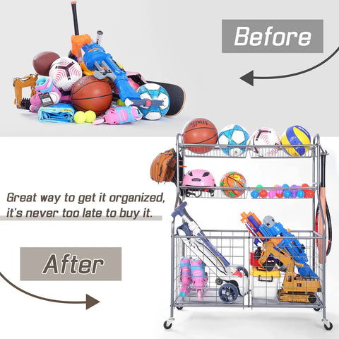 "Before and After of Heavy Duty Ball Organizer For Garage And Home Gym With Baseball Bat Holder And 3 Hooks 2 Large Bins And 4 Mesh Baskets"