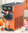 Heavy Duty Single Flavor Commercial Soft Serve Ice Cream Maker 450W in orange with ice cream cone and colorful toppings.