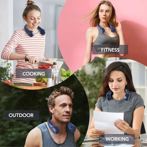 People using Hands Free Neck Fan Bladeless Wearable Personal Cooling 360 Degree Quiet Breeze USB Rechargeable 4000mAh 3 Speeds