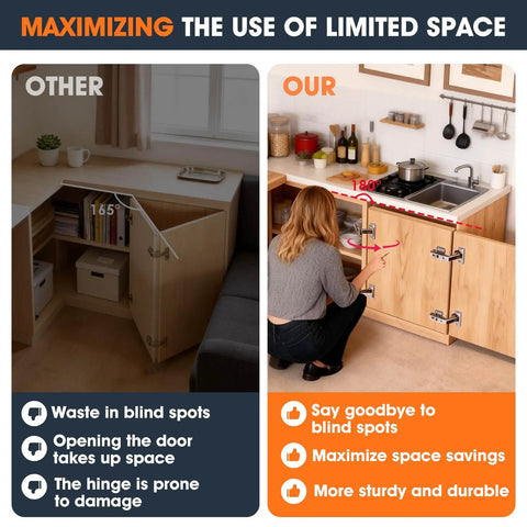 180 Degree And 135 Degree Half Overlay Corner Cabinet Hinges For Lazy Susan And Bifold Doors Space Saving Kitchen Cabinet Hardware Kit Easy Install Converts Tight Corner Cupboards Into Smooth Front Opening Storage, silver metal hinges on corner kitchen cabinets