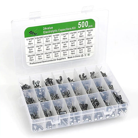 Open storage box of 24 Value 500 Piece Aluminum Electrolytic Capacitor Kit For DIY Electronics Projects And Tinkerers