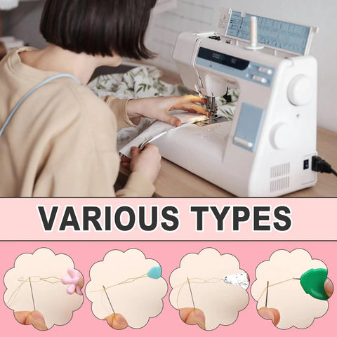 Person using sewing machine with 24 Piece Needle Threader Kit With Four Types And Clear Storage Box, gourd, thumb, petal threaders visible.