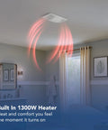 PowerHeat Bathroom Exhaust Fan and Heater Non Lit, 80 CFM, 1300 Watt Heater installed on ceiling with heat waves in bathroom