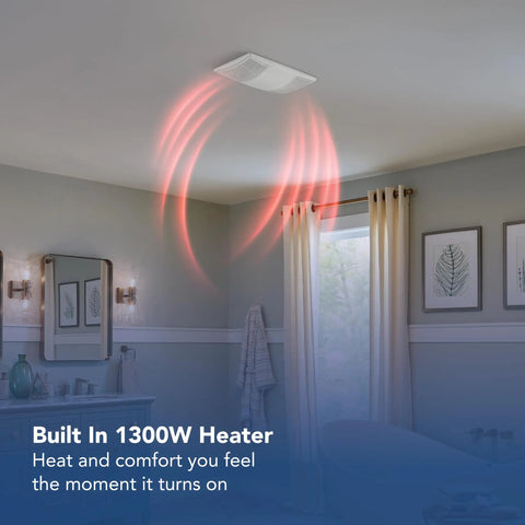 PowerHeat Bathroom Exhaust Fan and Heater Non Lit, 80 CFM, 1300 Watt Heater installed on ceiling with heat waves in bathroom