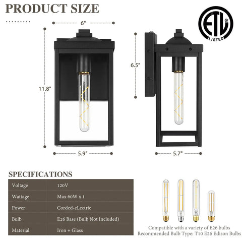Two Pack Black Outdoor Wall Lights Waterproof Exterior Fixtures With Seeded Glass Modern Square Patio Porch Wall Mount Lamps For Porch House And Garage