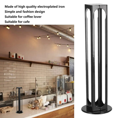 32 Pod Coffee Capsule Holder, 360 Degree Rotating Iron Stand in a cafe setting with sleek black finish