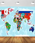 5x3ft Fabric World Map Backdrop With Flags For Parties And Classrooms, educational decor, colorful international flags map
