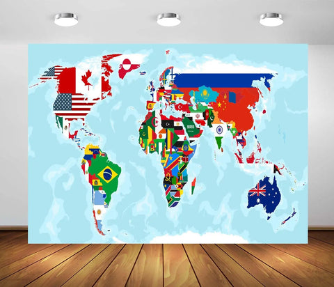 5x3ft Fabric World Map Backdrop With Flags For Parties And Classrooms, educational decor, colorful international flags map